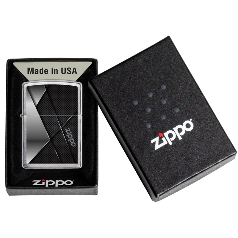 pudełko eleganckiej zapalniczki zippo z industrialnym motywem i małym logo zippo