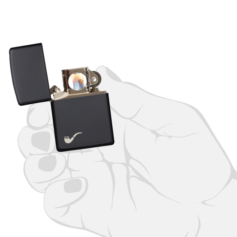 czarna zapalniczka benzynowa Zippo z małą grafiką fajki czarna zapalniczka benzynowa Zippo z małą grafiką fajki
