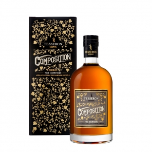 butelka Cognac Tesseron Composition na tle prezentowego pudełka