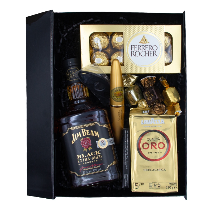 Jim Beam w zestawie z cygarem La Aurora, kawą i czekoladkami Jim Beam w zestawie z cygarem La Aurora, kawą i czekoladkami