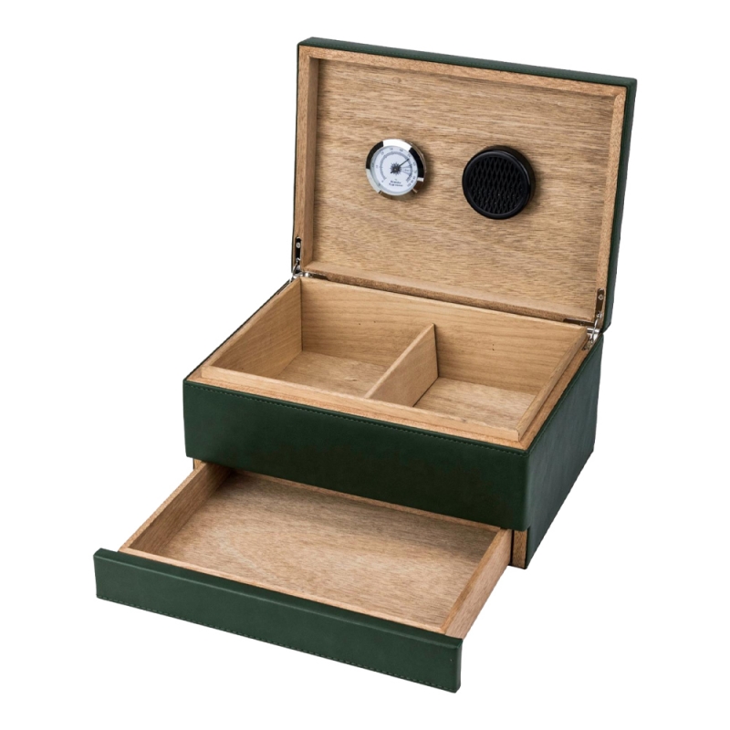 otwarty humidor w kolorze zieleni z wysuwaną szufladą otwarty humidor w kolorze zieleni z wysuwaną szufladą