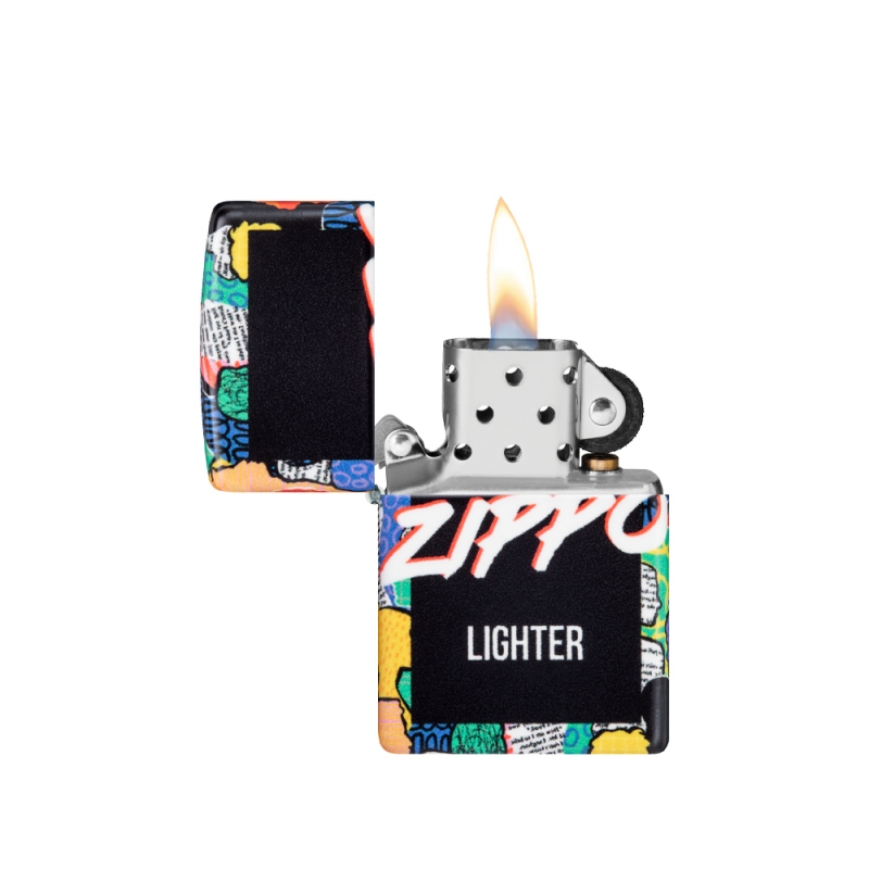 odpalona zapalniczka Zippo z ilustracją ludzi w różnych kolorach odpalona zapalniczka Zippo z ilustracją ludzi w różnych kolorach