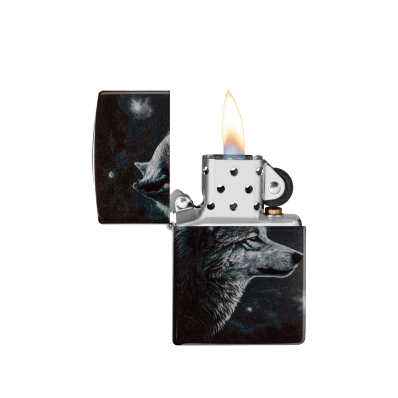 odpalona zapalniczka benzynowa Zippo z designem szarego wilka odpalona zapalniczka benzynowa Zippo z designem szarego wilka