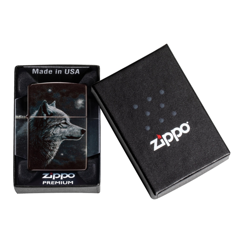 czarna zapalniczka Zippo z grafiką wilka w nocy w czarnym pudełku czarna zapalniczka Zippo z grafiką wilka w nocy w czarnym pudełku