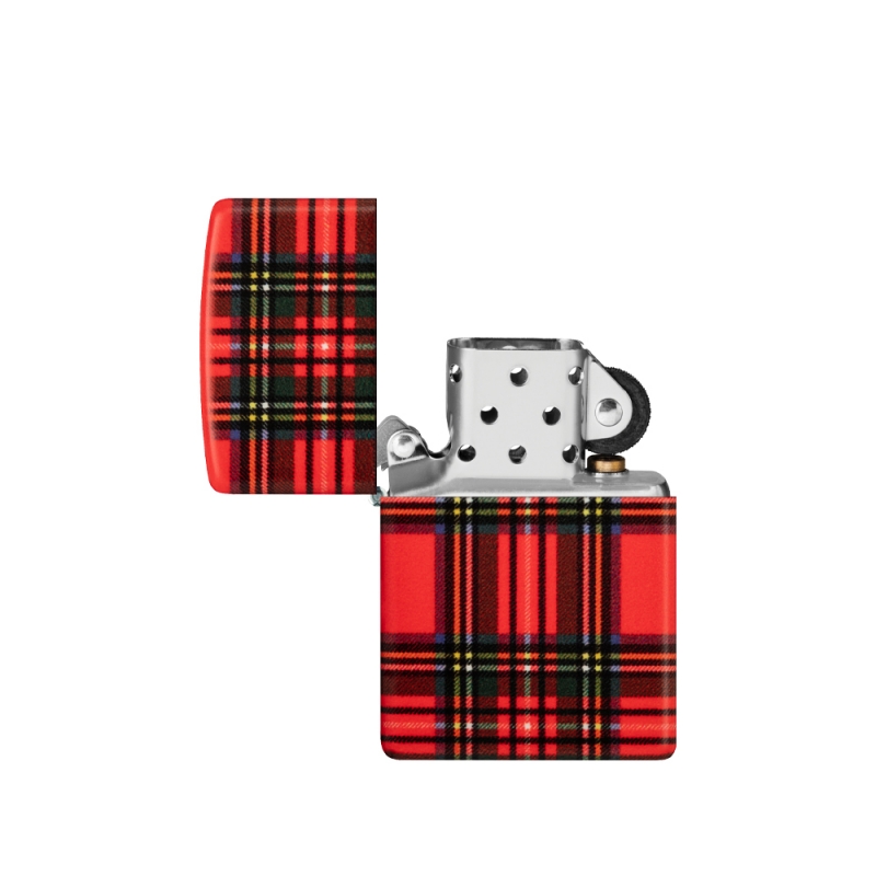 otworzona czerwona zapalniczka Zippo w designie szkockiej kraty otworzona czerwona zapalniczka Zippo w designie szkockiej kraty