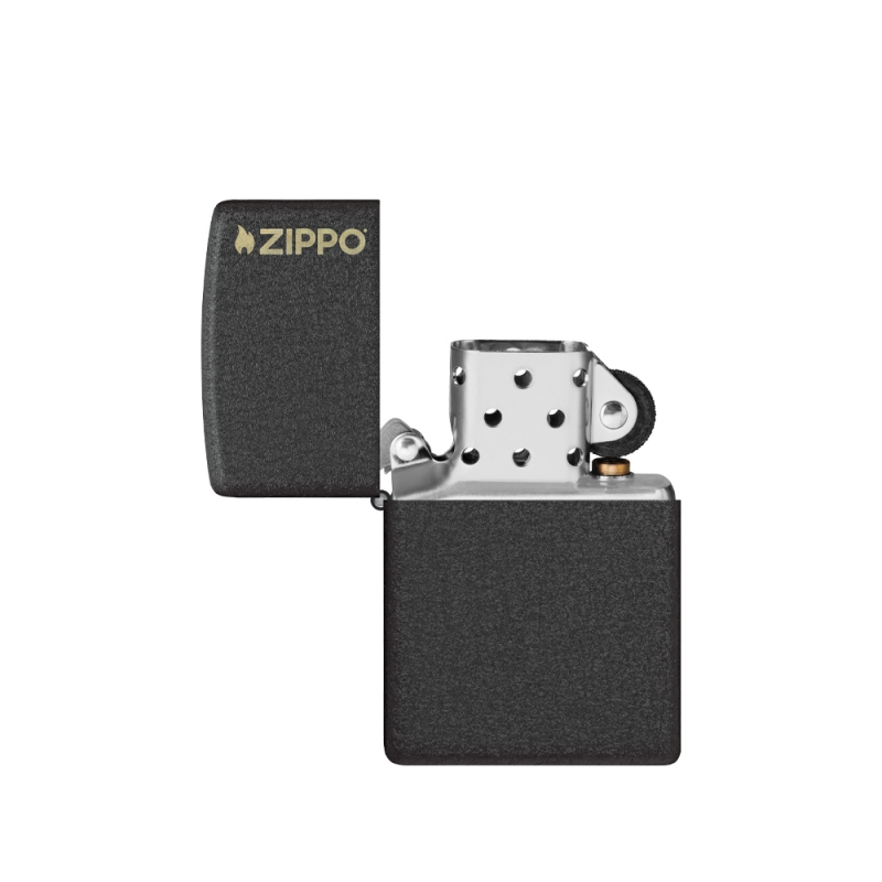 otworzona zapalniczka Zippo w kolorze czarnym ze złotym logo