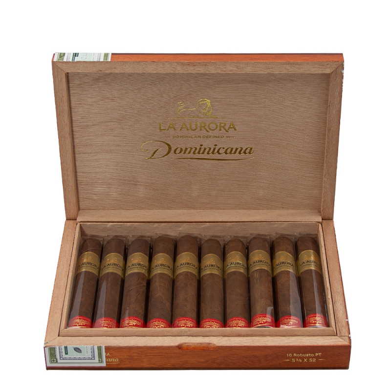 otwarte pudełko z dziesięcioma cygarami La Aurora Dominicana Robusto