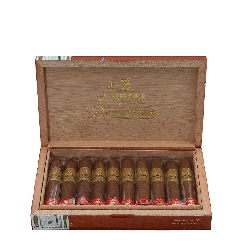 otwarte pudełko z dziesięcioma cygarami La Aurora Dominicana Short Robusto otwarte pudełko z dziesięcioma cygarami La Aurora Dominicana Short Robusto