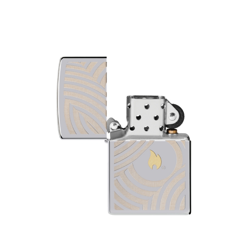 zapalniczka Zippo w srebrnym kolorze i ze złotymi okrągłymi liniami zapalniczka Zippo w srebrnym kolorze i ze złotymi okrągłymi liniami