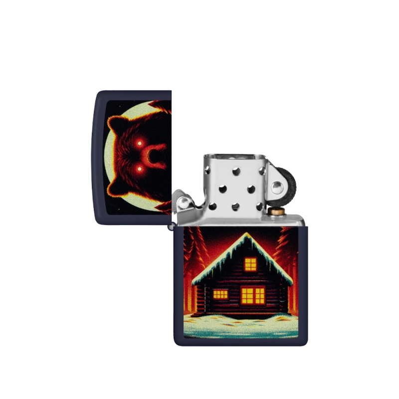 otwarta zapalniczka Zippo w czarnym kolorze z ilustracją niedźwiedzia otwarta zapalniczka Zippo w czarnym kolorze z ilustracją niedźwiedzia