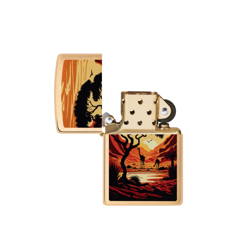 otwarta zapalniczka Zippo ze środkiem w kolorze złota z ilustracją safari otwarta zapalniczka Zippo ze środkiem w kolorze złota z ilustracją safari