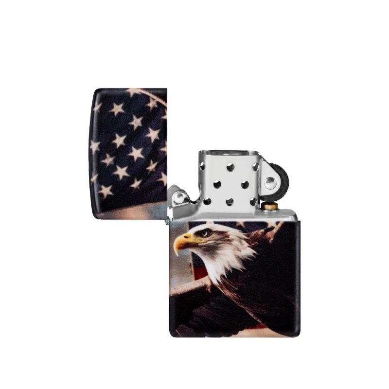 otwarta zapalniczka ZIPPO z ilustracją orła na tle flagi USA otwarta zapalniczka ZIPPO z ilustracją orła na tle flagi USA