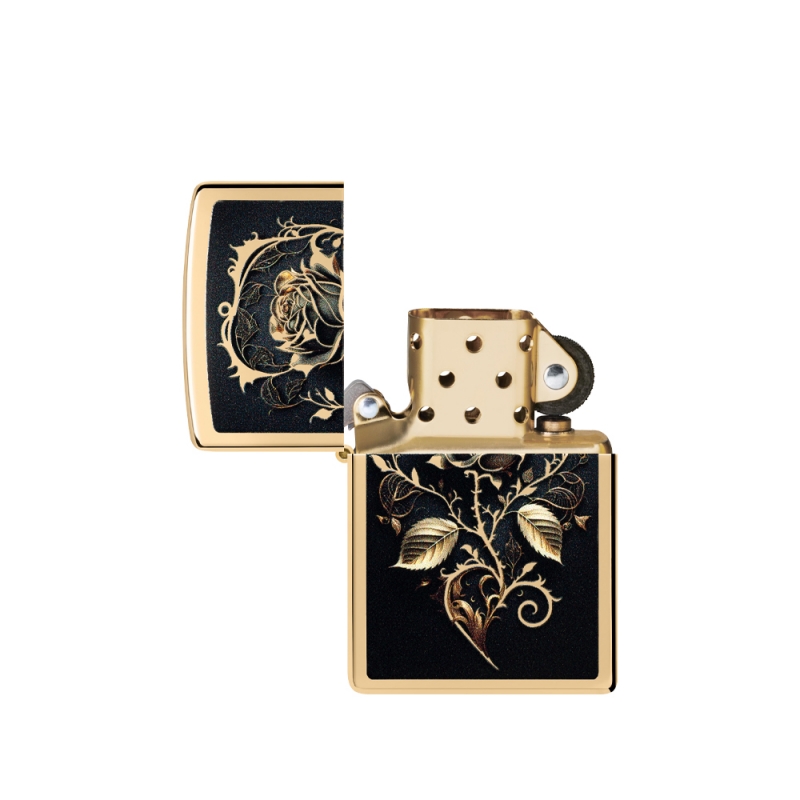 otwarta elegancka zapalniczka Zippo ze złotym środkiem i czarną obudową otwarta elegancka zapalniczka Zippo ze złotym środkiem i czarną obudową