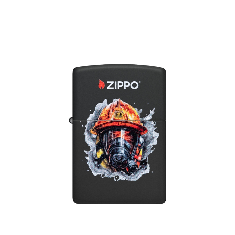 maska strażaka na tle wody na czarnej zapalniczce Zippo