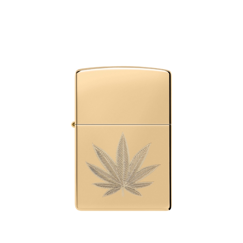 złota zapalniczka Zippo na benzynę z wygrawerowanym liściem cannabisu złota zapalniczka Zippo na benzynę z wygrawerowanym liściem cannabisu