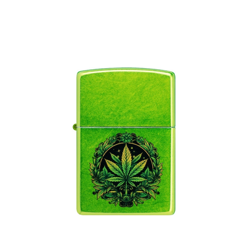 neonowo zielona zapalniczka benzynowa Zippo z liściem cannabisu neonowo zielona zapalniczka benzynowa Zippo z liściem cannabisu