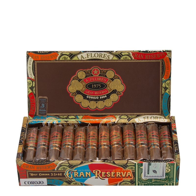 otwarte pudełko pełne cygar PDR A. Flores 1975 Gran Reserva Corojo 2006 Half Corona otwarte pudełko pełne cygar PDR A. Flores 1975 Gran Reserva Corojo 2006 Half Corona