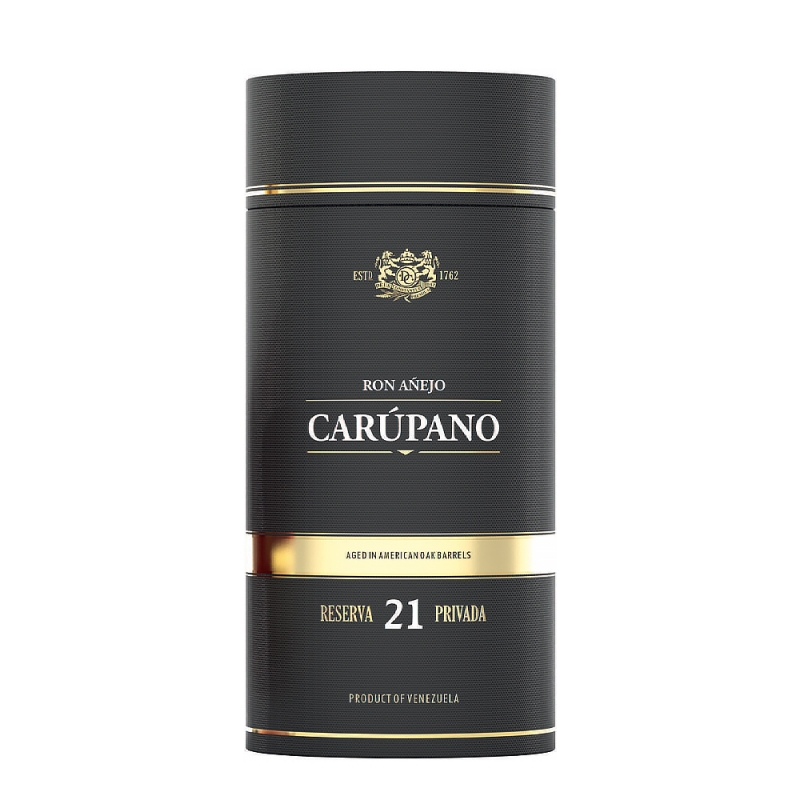 czarna tuba ze złotymi elementami dla butelki rumu Carupano 21YO