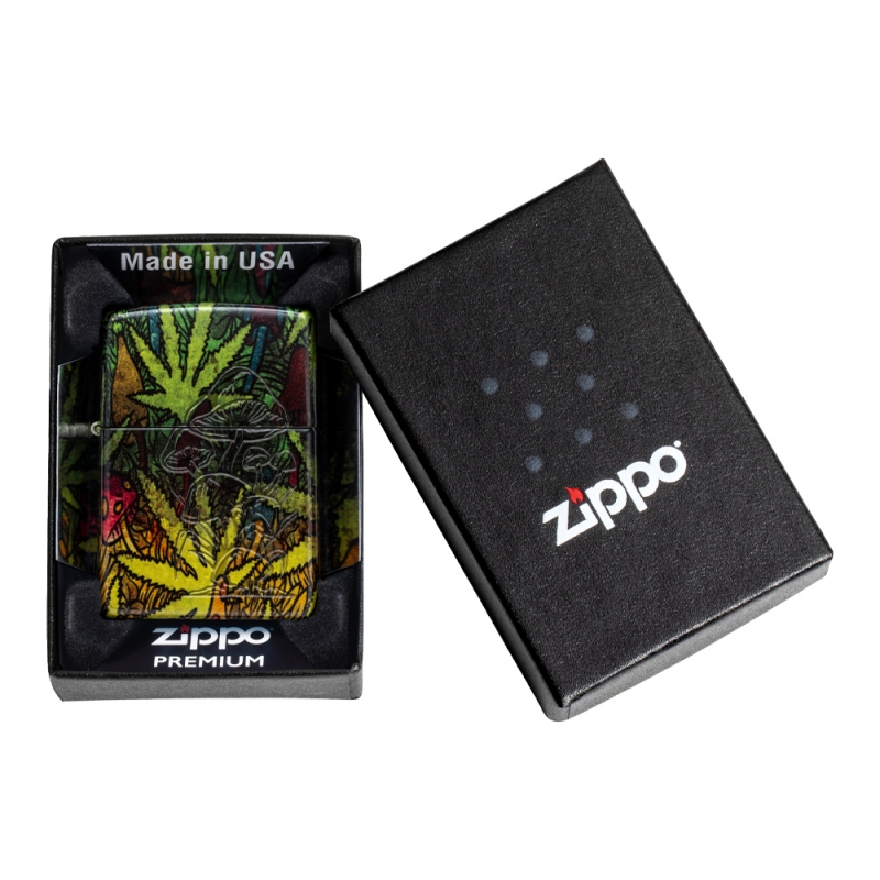 idealny prezent dla fana cannabisu w czarnym pudełku z logo Zippo