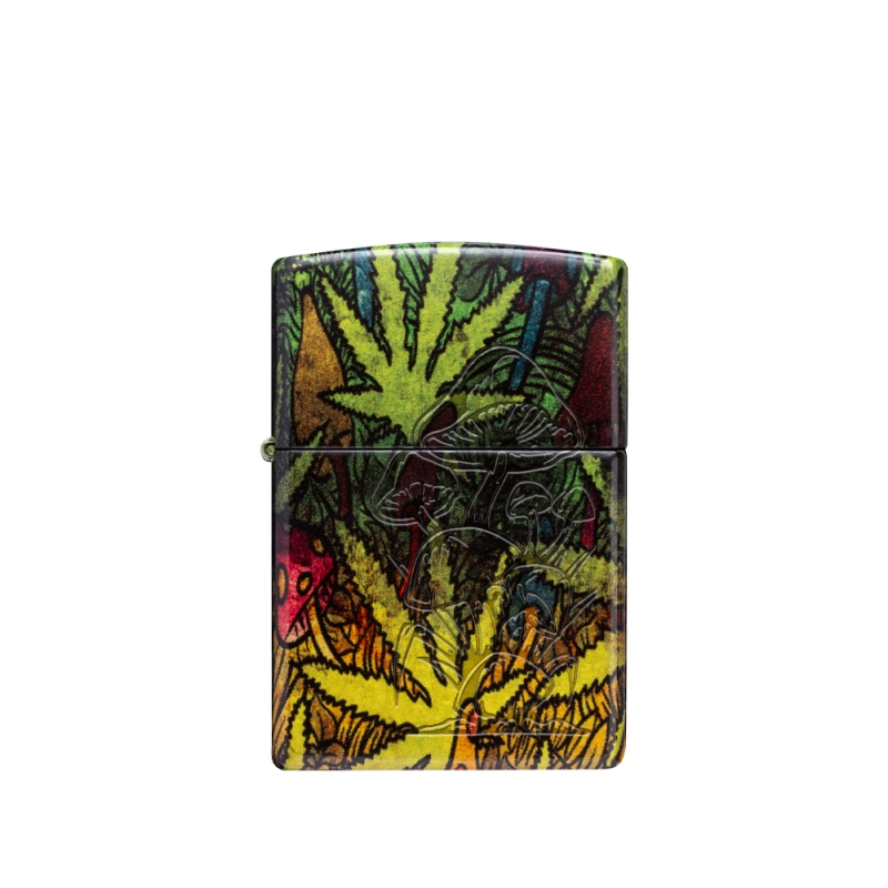 front zapalniczki Zippo z liśćmi cannabisu