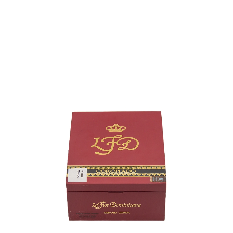 czerwone pudełko z zółtym logo La Flor Dominicana