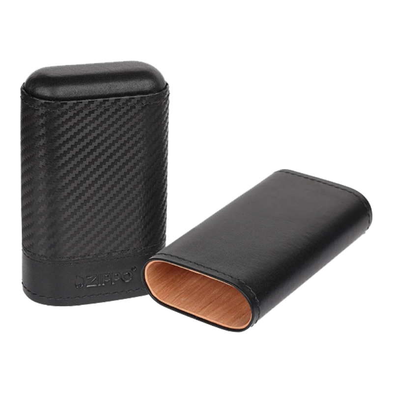 otwarte etui Zippo w czarnym kolorze z drewnianym wnętrzem na 3 cygara