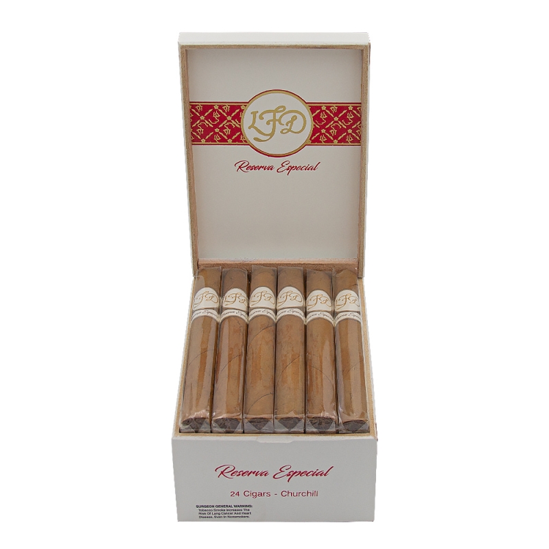 białe pudełko z logo LFD wypełnione cygarami o jasnej pokrywie