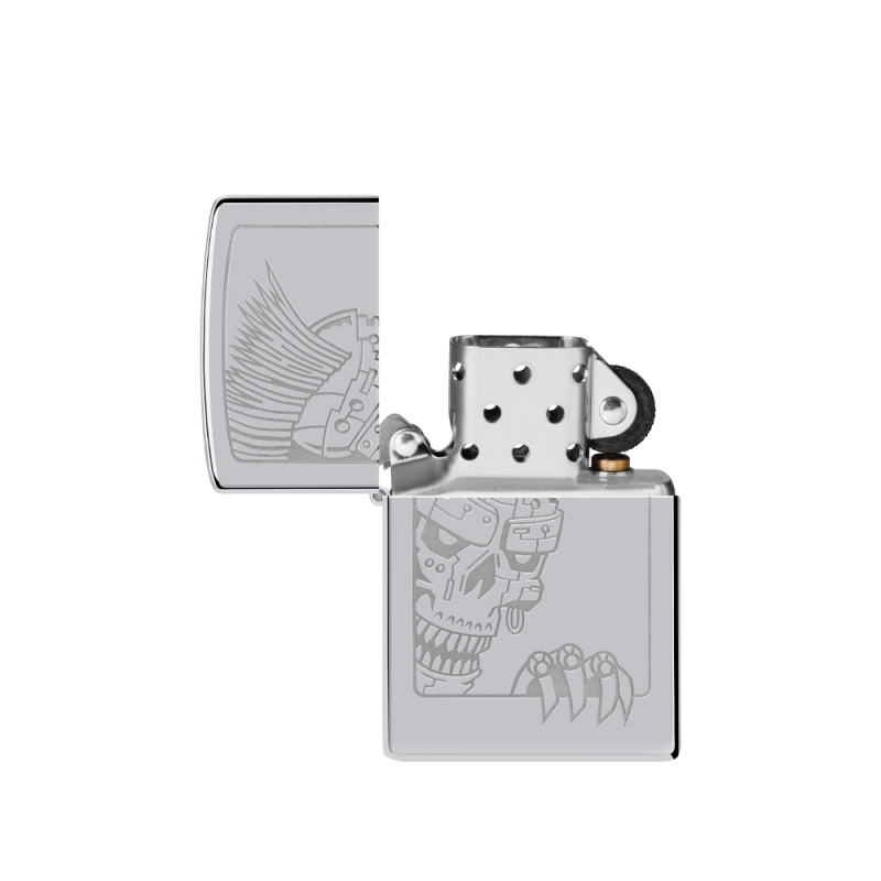 otwarta zapalniczka z widocznym wewnętrznym mechanizmem i chromowanym kominkiem