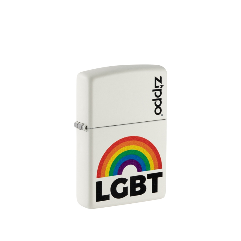 obudowa zapalniczki w czystej bieli z szerokim tęczowym wzorem w kolorach flagi LGBT