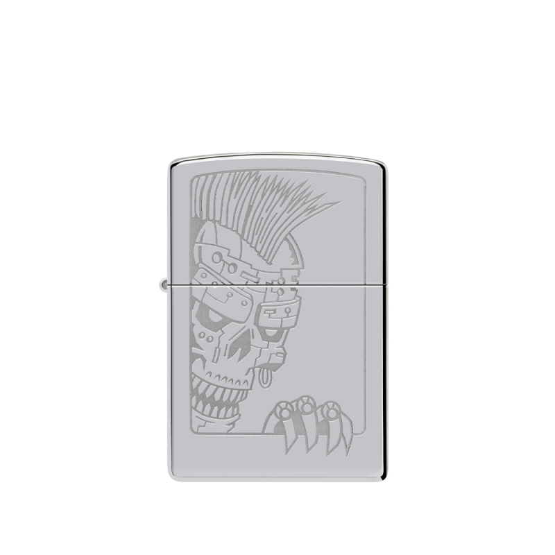 metalowa zapalniczka Zippo z mocnym wzorem czaszki zajmującym centralną część obudowy