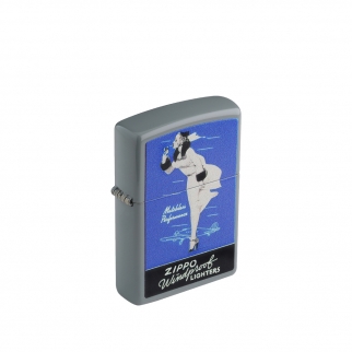 obudowa zapalniczki w matowej płaskiej szarości z kolorowym motywem inspirowanym starymi reklamami