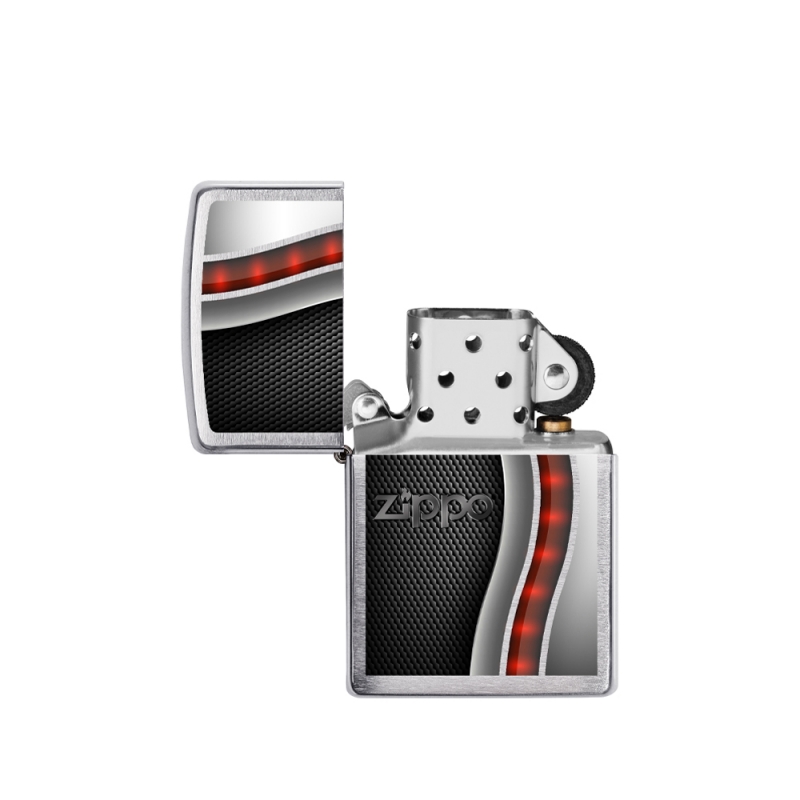 otwarta zapalniczka z widocznym srebrzystym kominkiem i chromowanym wnętrzem