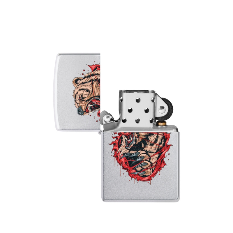 otwarta zapalniczka z widocznym srebrzystym kominkiem kontrastującym z dekoracyjną obudową