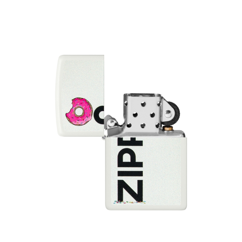 zapalniczka Zippo z minimalistycznym designem bieli i wyrazistym różowym donutem w logo