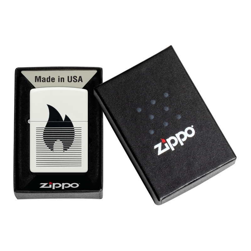 zapalniczka umieszczona w pudełku prezentowym Zippo z widoczną białą matową obudową i minimalistyczną grafiką