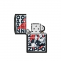 metalowa zapalniczka Zippo z kontrastującym motywem klasycznej postaci i logo płomienia na froncie