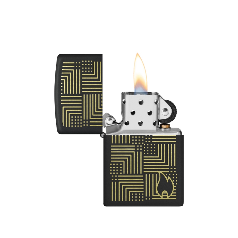 odpalona zapalniczka z jasnym płomieniem nad czarnym matowym tłem i kontrastującymi liniami