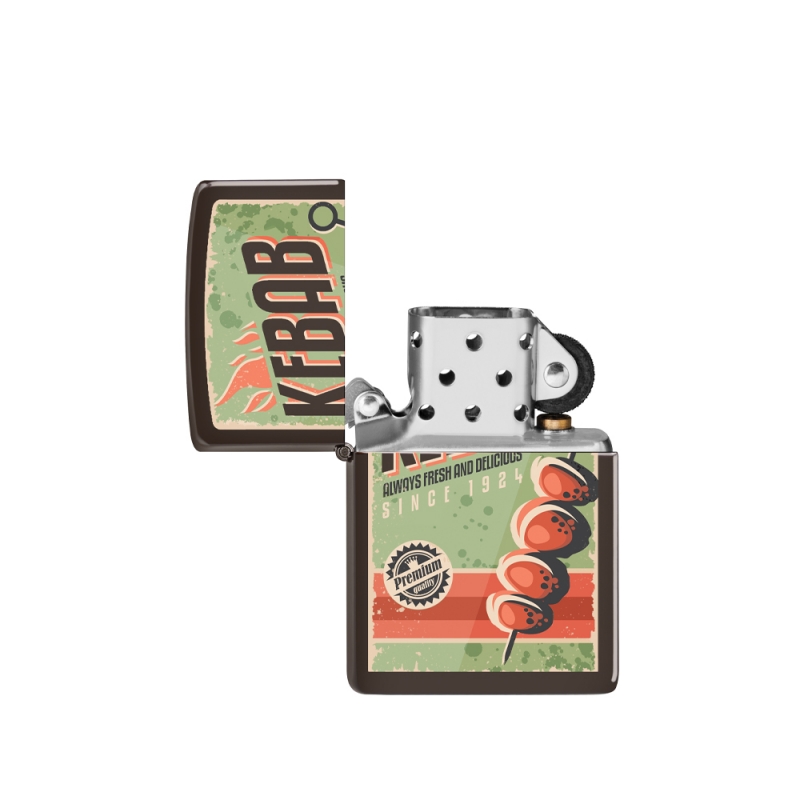 otwarta zapalniczka z widocznym srebrzystym kominkiem kontrastującym z barwnym motywem kebaba
