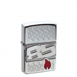 obudowa zapalniczki Zippo z lśniącym chromowanym wykończeniem i grawerowanym wzorem z okazji 85-lecia marki