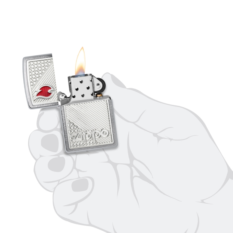 zapalniczka z kontrastem jasnego srebra i czerwonego akcentu płomienia