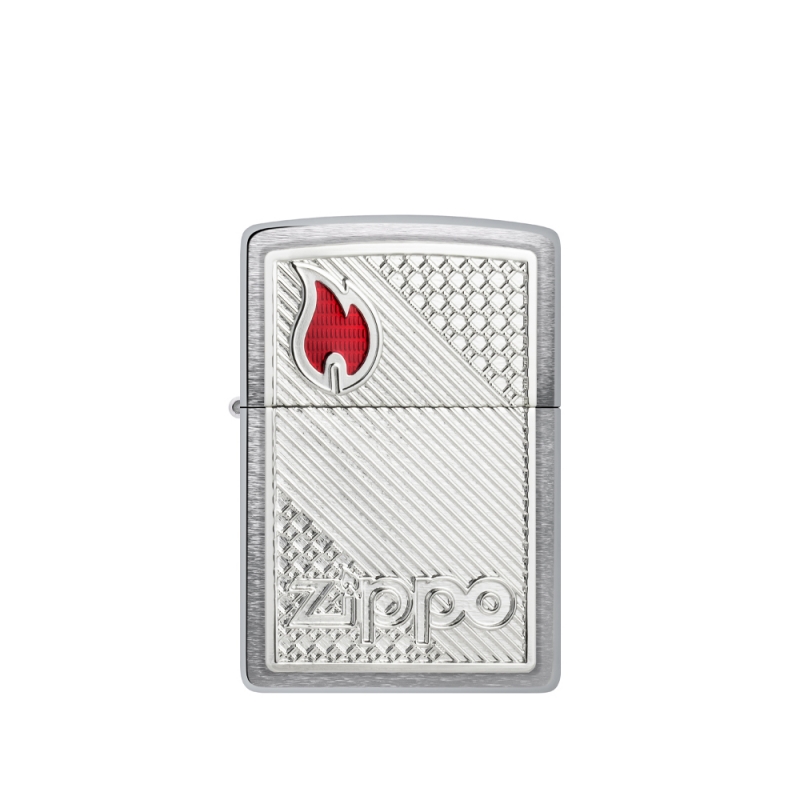 metalowa zapalniczka Zippo z czerwonym symbolem płomienia w lewym górnym rogu