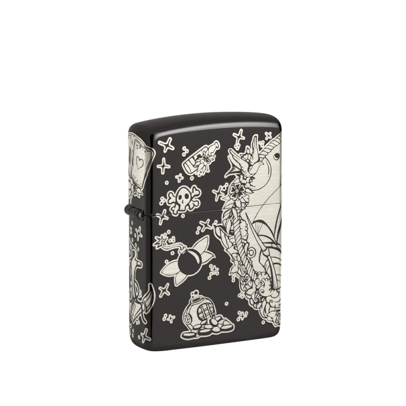 obudowa zapalniczki Zippo z połyskującym czarnym tłem i wielobarwną grafiką tatuażową pełną motywów morskich przygód