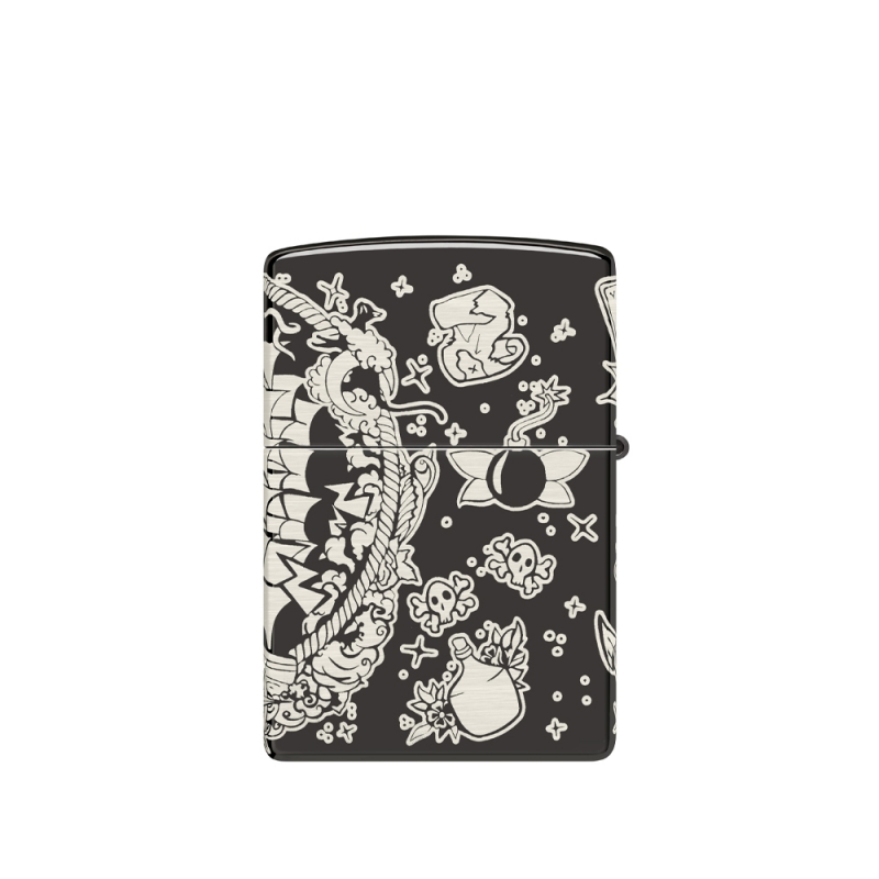 obudowa zapalniczki z czarnym błyszczącym tłem i kolorową ilustracją na całej szerokości