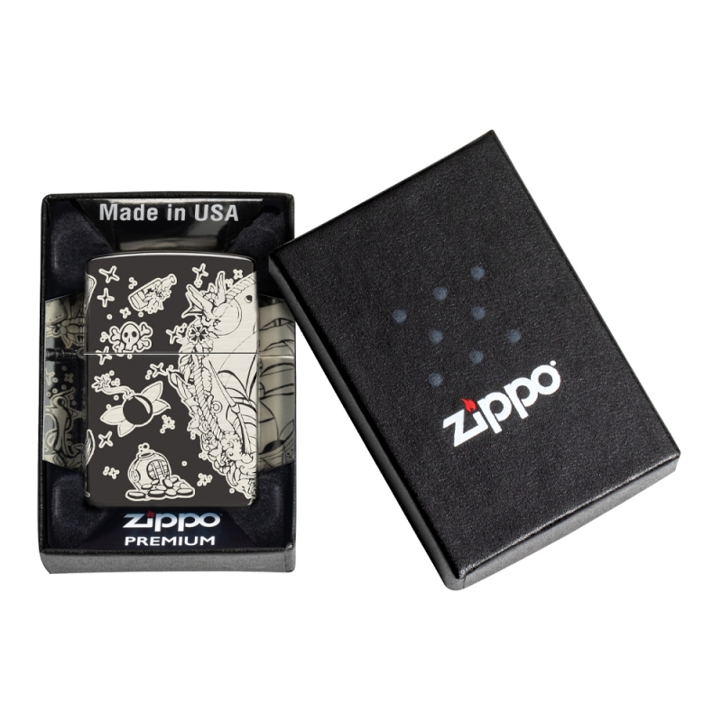 zapalniczka umieszczona w pudełku prezentowym Zippo z wielobarwną obudową Tattoo Theme Design