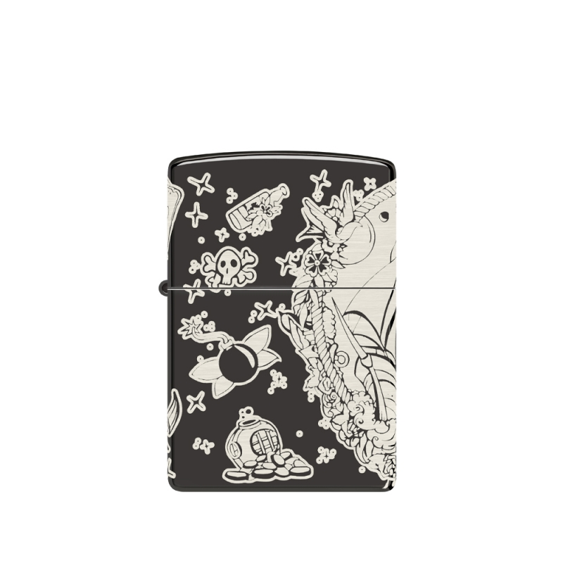 front zapalniczki z detalami szkieletów i bomb które przyciągają wzrok na gładkiej powierzchni