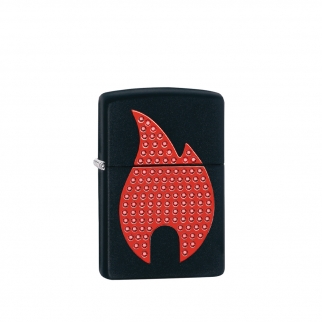 obudowa zapalniczki Zippo z metalicznym połyskiem i błyszczącym motywem płomienia z ozdobnymi akcentami