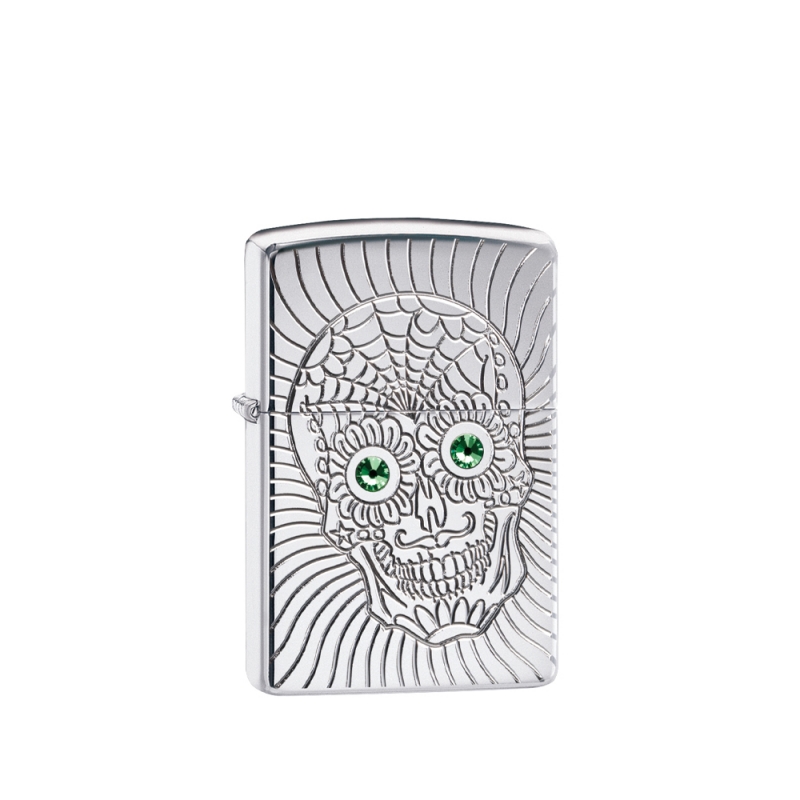 obudowa zapalniczki z błyszczącym metalicznym chromem i głęboko wygrawerowaną ozdobną czaszką Sugar Skull