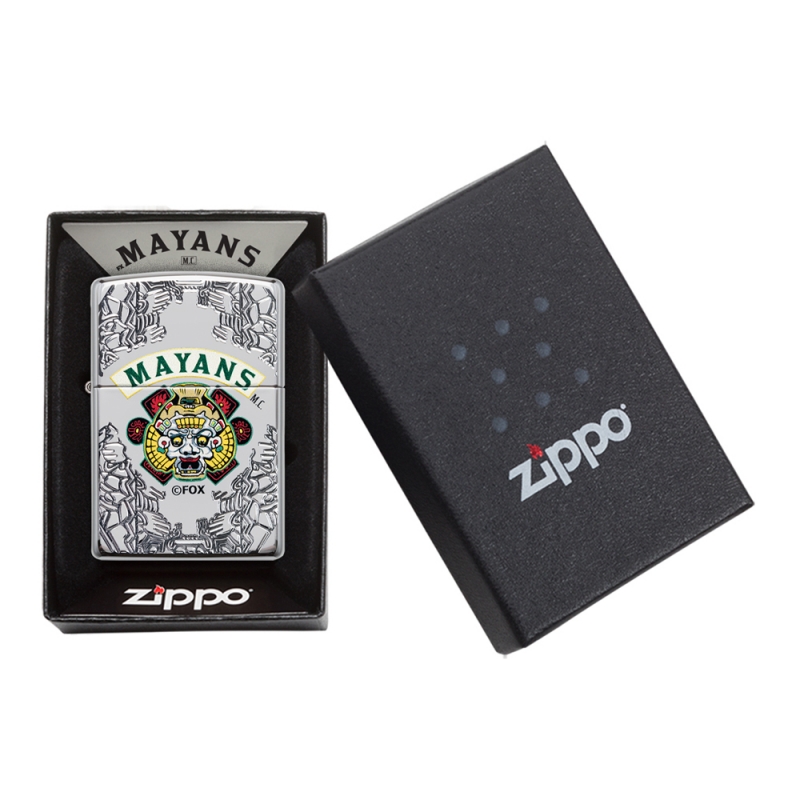 zapalniczka umieszczona w pudełku prezentowym Zippo z artystycznym motywem Majów widocznym na froncie