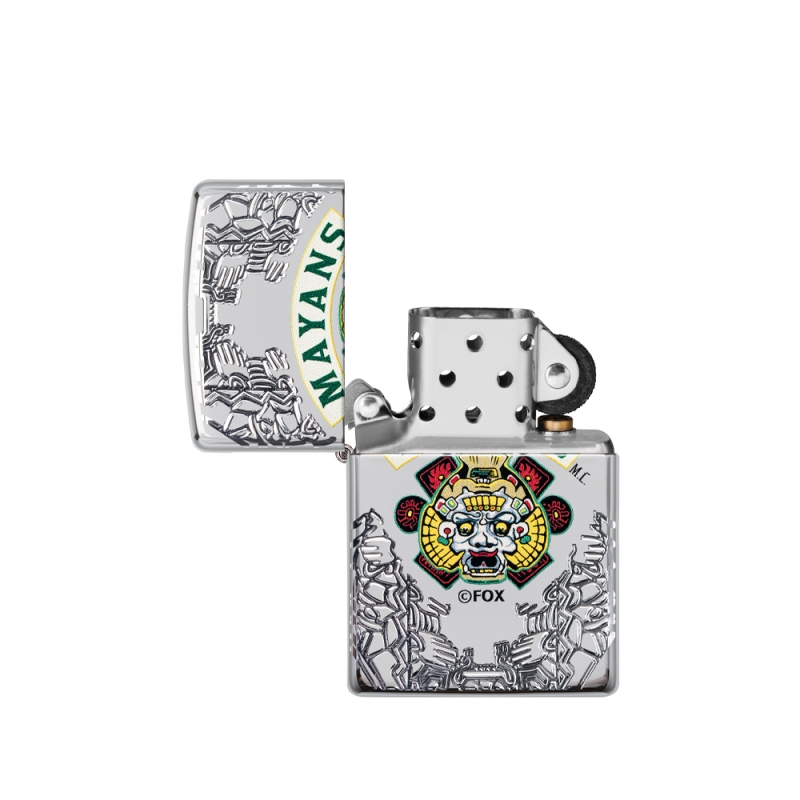 otwarta zapalniczka z widocznym srebrzystym kominkiem który kontrastuje z barwną grafiką na obudowie
