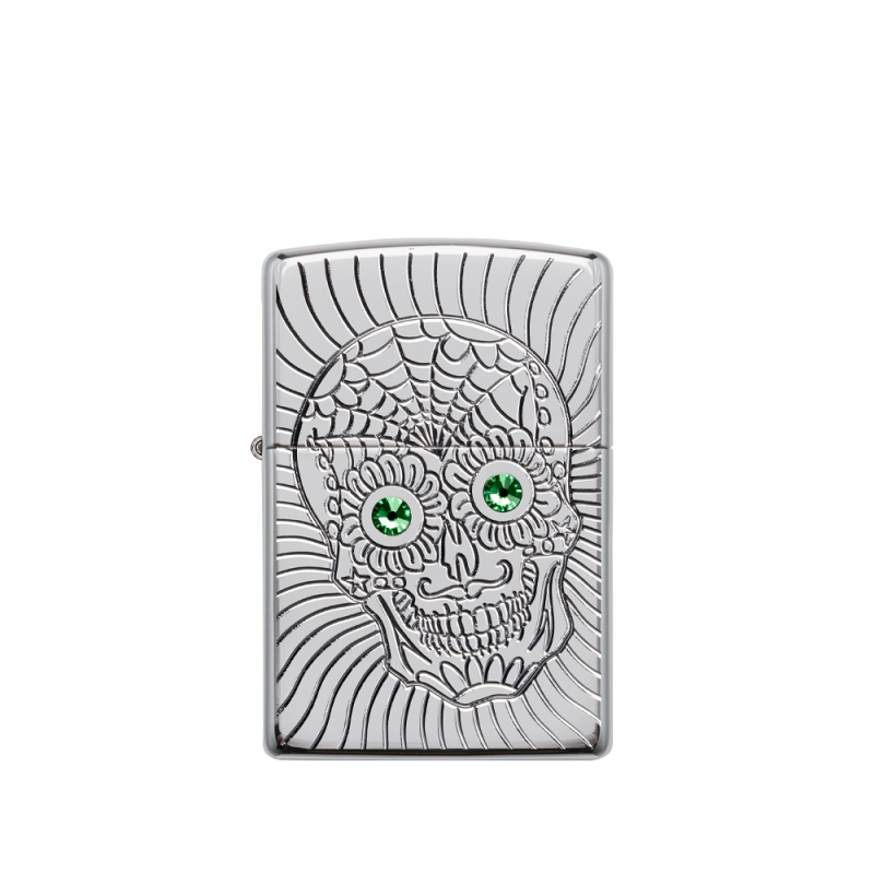 metalowa zapalniczka Zippo z precyzyjnym grawerem uśmiechniętej czaszki inspirowanej Dia de los Muertos
